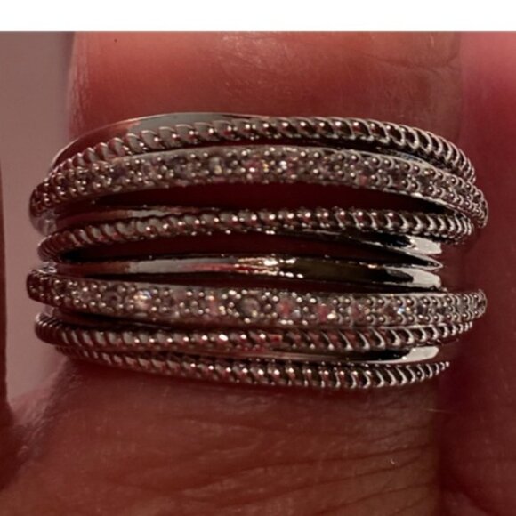 Platinum Plated & Cubic Zirconia Intertwined Crossover Chunky Statement Ring - Picture 2 of 4